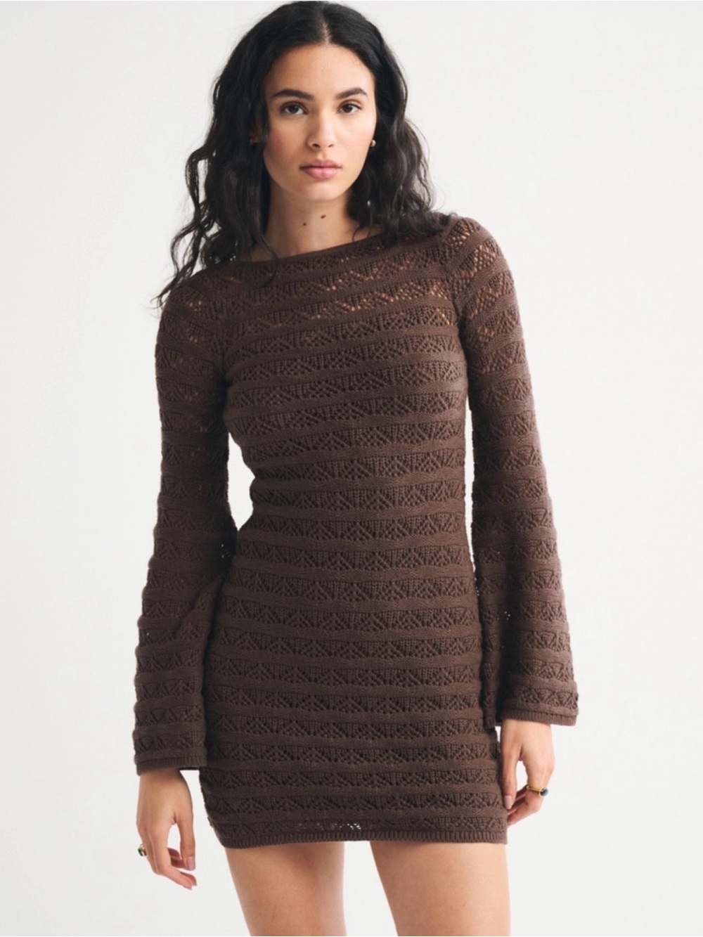 Abercrombie Long Sleeve Crochet Style Mini Dress in Dark Brown - Picture 4 of 12
